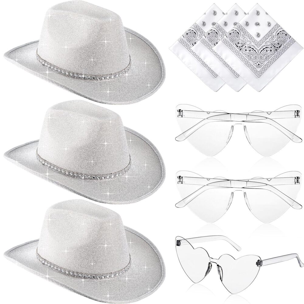 5353 9 Pack Western Cowboy Hat With Paisley Print Bandanas Heart Sunglasses